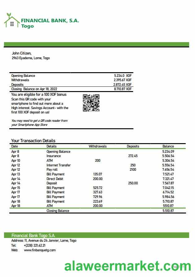 Togo Financial Bank statement